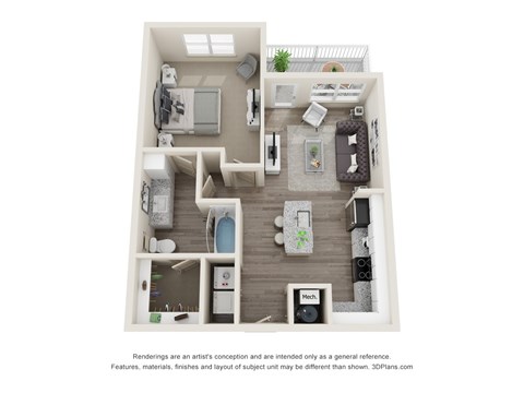 Floor plan for 1 bed, 1 bath, 822 sqft
